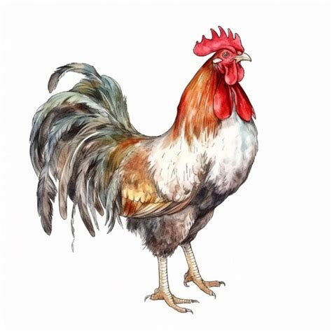 Una Pintura De Acuarela De Un Gallo Con Cola Roja Foto Premium