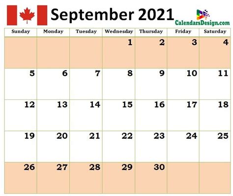 September 2021 Calendar Canada September Calendar Printable 2021