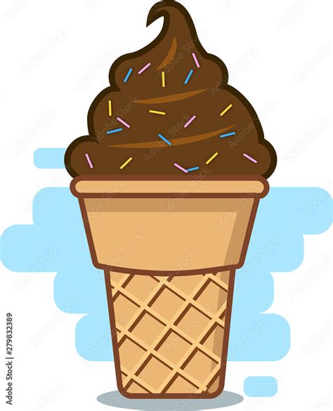 Chocolate Ice Cream in Waffle Cone. Vector flat outline icon. Comic ...