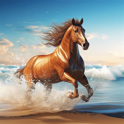 Premium Photo | Horse running at the beach through water 3D illustration