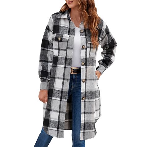 Hessimy Women S Oversized Flannel Plaid Shacket Jacket Flap Pocket Lapel Button Down Long Shirt