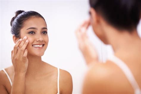 Premium Photo Happy Woman Face And Cream In Mirror For Beauty