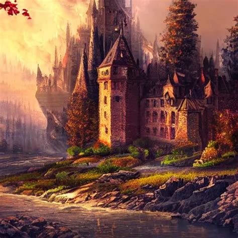 Beautiful Castle Sunset Oil Painting UHD 8k Very