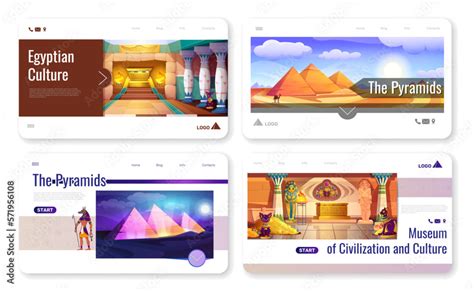 Cartoon Banners With Pyramids And Temples In Sand Desert Set Of