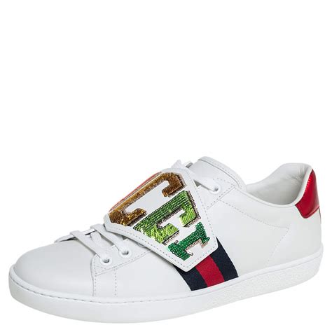 Gucci White Leather Sequin Embellished Ace Web Detail Low Top Sneakers