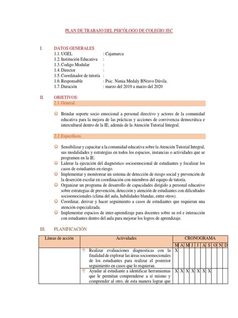 Plan De Trabajo Psicologo Jec Salón De Clases Evaluación