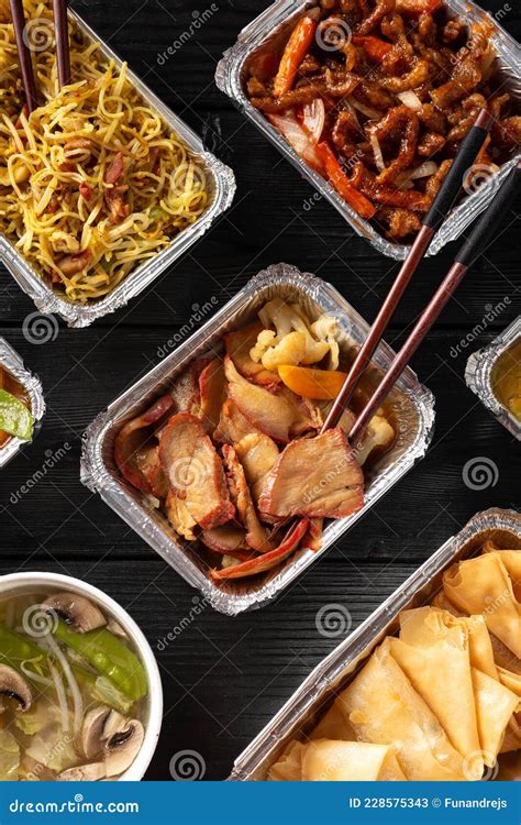 Chinese Takeaway Food Kung Po King Prawns Crispy Won Ton Roast Pork Char Siu Prawn Curry