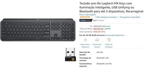 Teclado Sem Fio Logitech Mx Keys Com Iluminação Inteligente Usb Unifying Ou Bluetooth Para Até