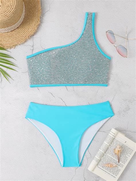 Shein Swim Sxy Glitter Sequin Bikini Set One Shoulder Top Bikini