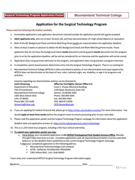 Fillable Online Application For The Surgical Technology Program Mtech