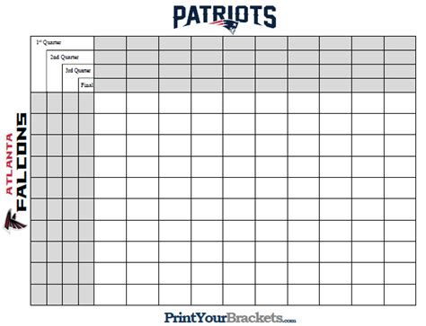 Super Bowl Squares With Quarter Lines - Printable Version