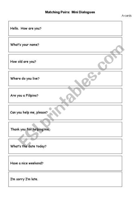 English Worksheets Conversation Matching Pairs