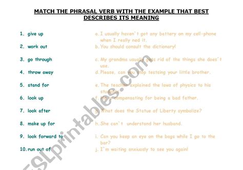 English Worksheets Match The Phrasal Verb With Its Definition