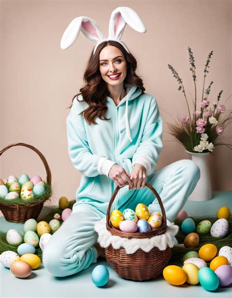 Brownhaired Woman Wearing Blue Easter Bunny Onesie Doing A Easter Style Photoshoot Ai