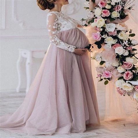 5 Color Maternity Elegant Lace Long Sleeve See Through Dress In 2020