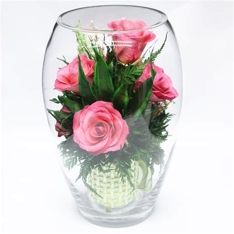 40337 Long Lasting Pink Roses In A Elliptical Round Glass Vase — Fiora Flower