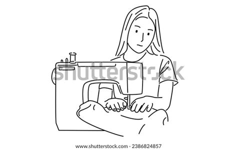 Line Art Woman Using Sewing Machine Stock Vector Royalty Free