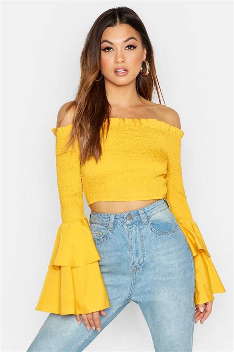 Womens Yellow Shirred Off The Shoulder Flared Sleeve Crop Boohoo Uk