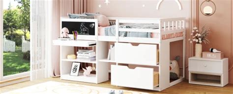 Dropship Twin Size Low Loft Bed With Rolling Desk Shelf And Drawers