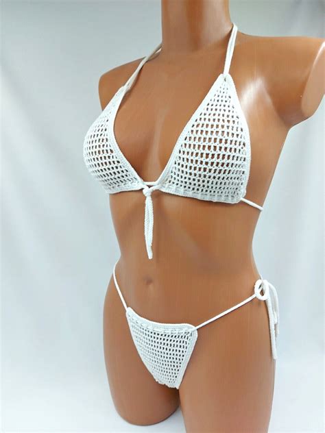 US Stock White Crochet Mesh Bikini Transparent Swimsuit Bride Bikini