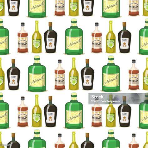 Alcohol Strong Drinks In Bottles Cartoon Glasses Seamless Pattern Background Whiskey Cognac