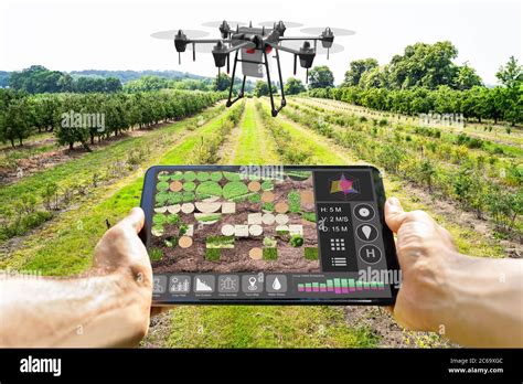 Modern Smart Farming Agriculture Technology At Farm Or Field Stock