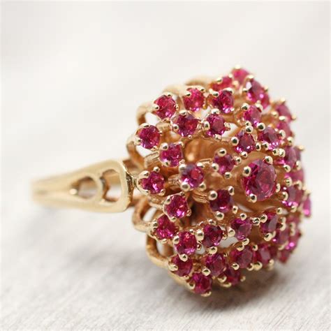 14k Gold Synthetic Ruby Cocktail Ring Pippin Vintage Jewelry