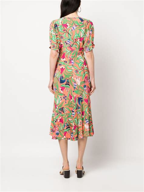 Dvf Diane Von Furstenberg Floral Print Fluted Midi Dress Orange