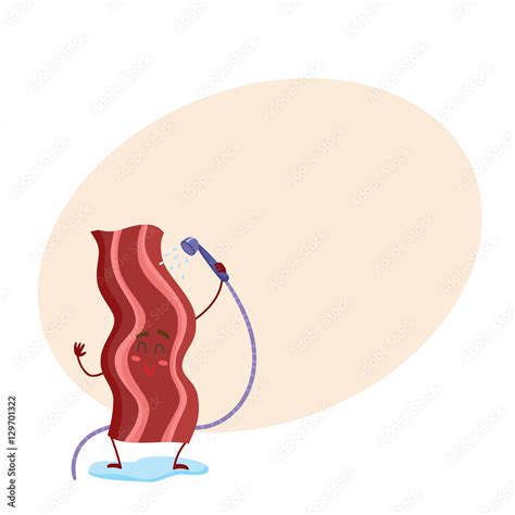 Cute and funny fried bacon strip character taking a shower, cartoon ...