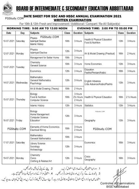 BISE Abbottabad Board Date Sheet 2021 12th Class FG STUDY