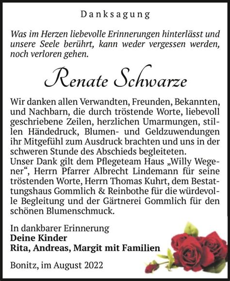 Traueranzeigen Von Renate Schwarze Abschied Nehmen De