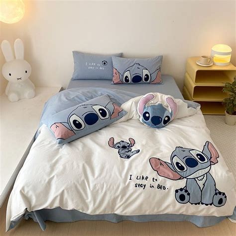 Cute Washed Cotton Disney Stitch Four Piece Bed Set Bedroom Makeover