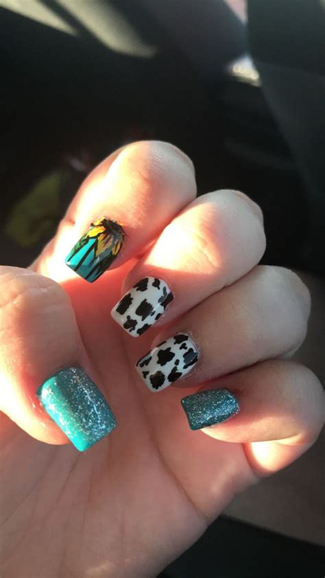 Teal Cowprint Sunflower Fair Nails Country Nails Cow Nails Western