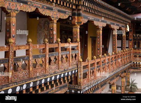 Bhutan Punakha Dzong Decorated Wooden Structure Of Monks