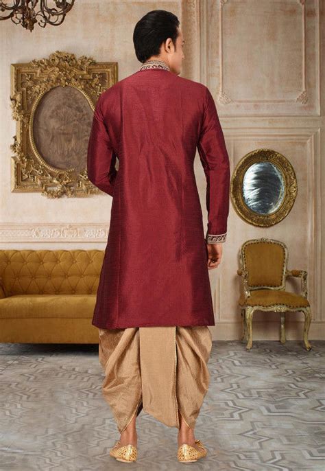 Buy Embroidered Art Silk Dhoti Kurta In Maroon Online MLC877 Utsav