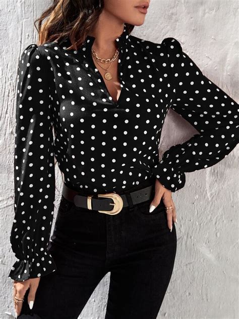 Emery Rose Polka Dot Print Frill Notched Neck Flounce Sleeve Blouse