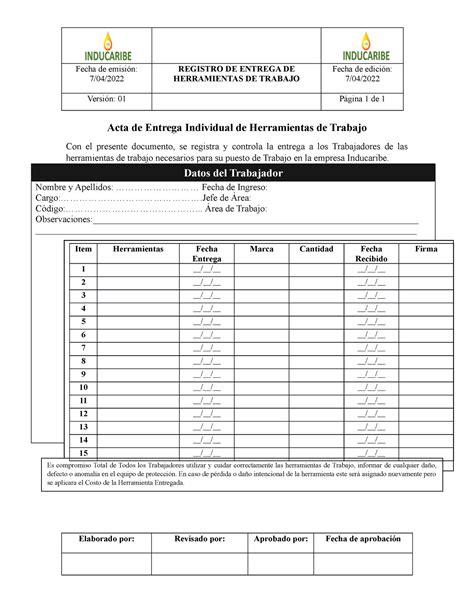 Formato De Entrega De Herramientas De Trabajo Fecha De Emisi N