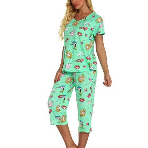 Defitshape Womens Capri Pajama Set Cotton Loungewear Short Sleeve