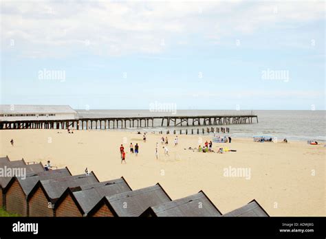 The Old Claremont Pier Beach Huts And Beach At Lowestoft In Suffolk