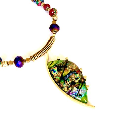 Beaded Dichroic Glass Pendant Necklace Brass Fused Glass Etsy