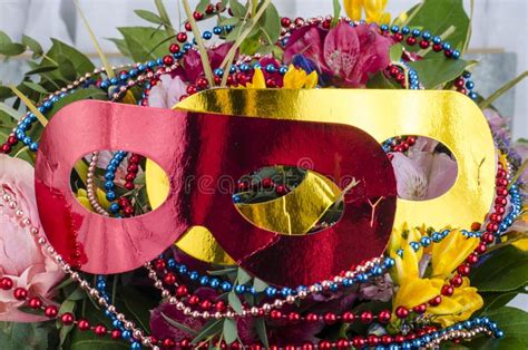 Bouquet of Flowers and Colored Beads for Mardi Gras Stock Photo - Image ...