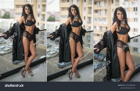 Beautiful Brunette Woman Black Lingerie High Stock Photo