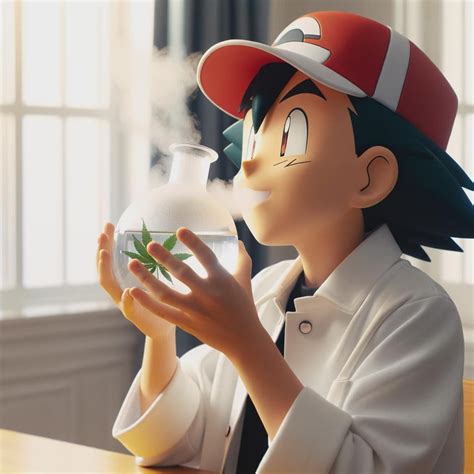 Ash Ketchum inhales boiled water with his mouth from a transparent vase ...