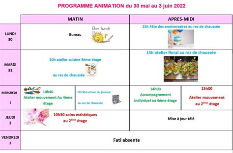 Animations De La Semaine Du 30 Mai Au 3 Juin EHPAD LE PARC