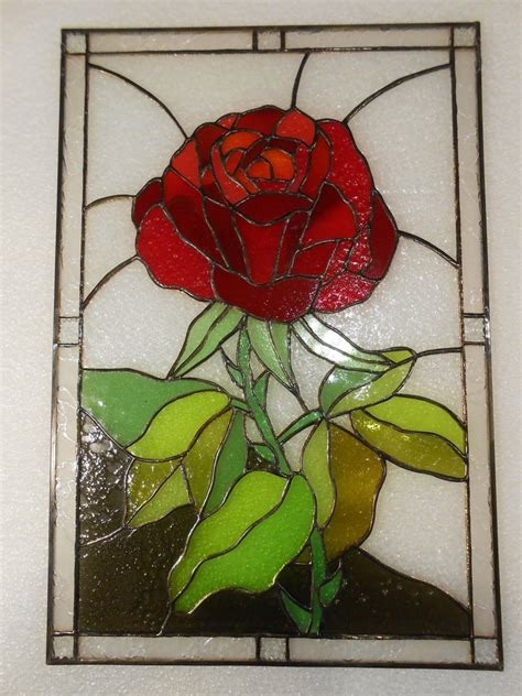 Red Rose Stained Glass Panel Window Hanging Flower Suncatcher Etsy