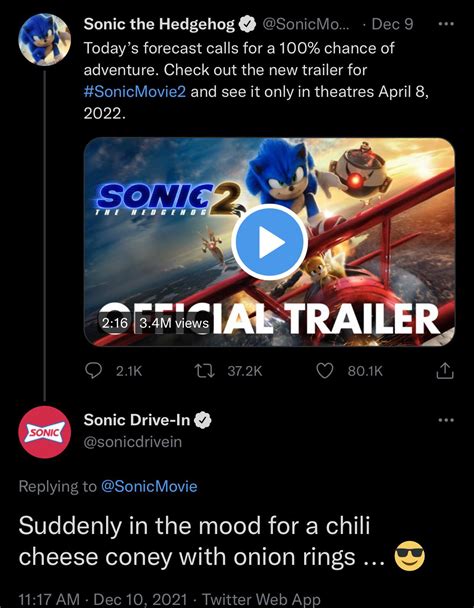 Just noticed that the official Sonic Drive-In Twitter respond to the Sonic Movie 2 trailer ...