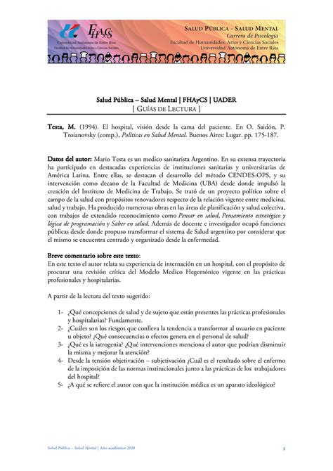 Guia De Lectura Testa Salud P Blica Salud Mental A O Acad Mico