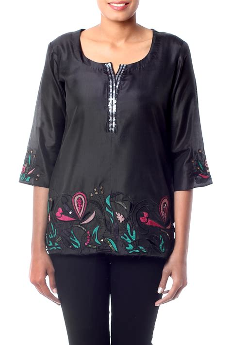 Indian Black Silk Tunic Top With Beaded Embroidery Midnight Magic