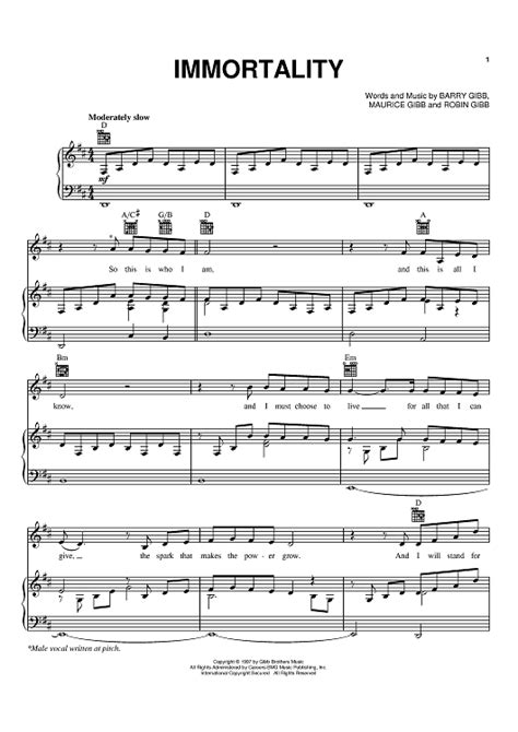 Immortality" Sheet Music by Celine Dion for Piano/Vocal/Chords - Sheet ...