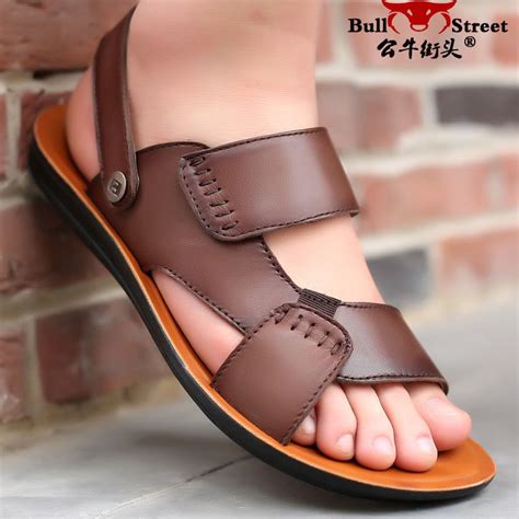 Bull Street Summer Mens Sandals Leather Casual Beach Shoes Outer Wear First Layer Cowhide And